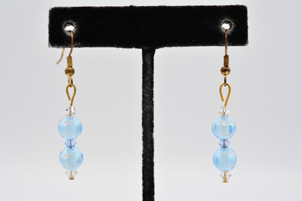 Dangle Beaded Earrings Sky Blue Happy Face Crystal Drop Round 1990s BinAA